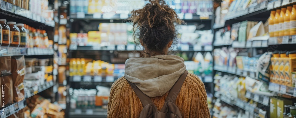 Woman in a sweater walking through a grocery store aisle filled with products.