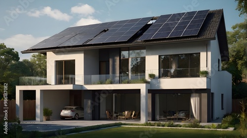 Modern house with solar panels on the roof, highlighting a futuristic design and luxurious villa style, integrating green renewable energy through solar power in its exterior architecture