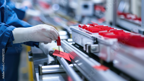 Wallpaper Mural Efficient assembly line process with worker handling red components, showcasing precision and teamwork in modern manufacturing environment Torontodigital.ca