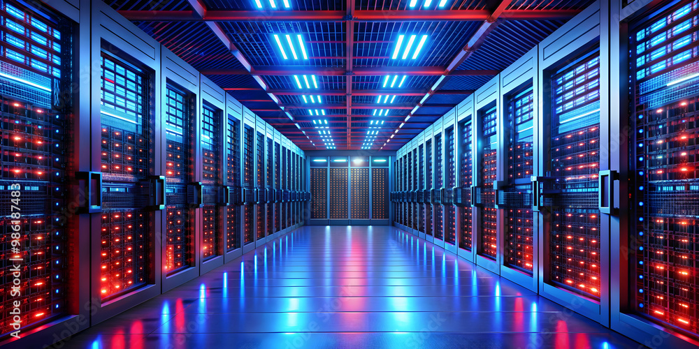 Obraz premium Futuristic server room with rows of server racks illuminated by bright red and blue lights, technology, abstract