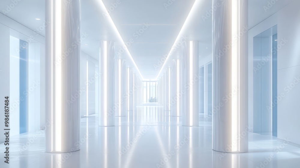 Obraz premium Modern white hallway with glass doors and columns.