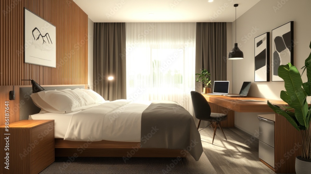 Modern bedroom with a bed, nightstand, and a desk with a laptop. Modern bedroom with a bed, nightstand, and a desk with a laptop.