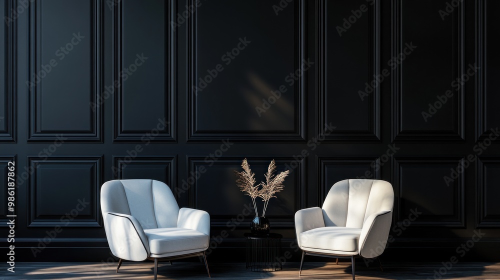 Two white chairs and a small table with dried flowers in front of a black paneled wall. Two white chairs and a small table with dried flowers in front of a black paneled wall.