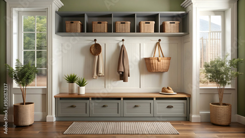 Stylish mudroom with floating storage bench, coat hooks, and woven baskets, mudroom, stylish photo