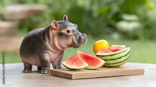 A playful hippo figurine surrounded by fresh watermelons and lemons on a rustic wooden table, perfect for summer decor. photo