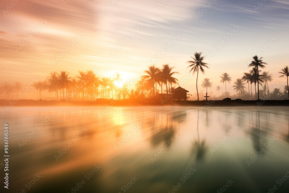 A sunrise long exposure shot capturing the ethereal beauty of a rice paddy field and palm trees with blurred motion A sunrise long exposure shot capturing the ethereal beauty of a rice paddy field and palm trees with blurred motion