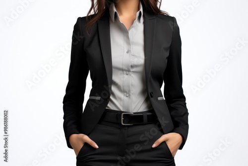 A stylish androgynous black suit with sharp tailoring, featuring a cropped blazer, high-waisted trousers, and a sleek black tie photo