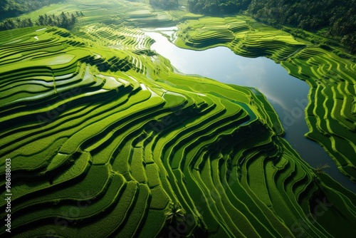 A sunrise aerial view showcasing the intricate patterns of a rice paddy field and palm trees