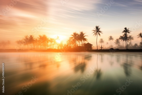 A sunrise long exposure shot capturing the ethereal beauty of a rice paddy field and palm trees with blurred motion