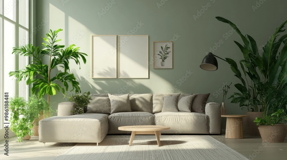 Modern living room interior with green walls, a sectional sofa, a wooden coffee table, plants, and sunlight streaming through a window. Modern living room interior with green walls, a sectional sofa, a wooden coffee table, plants, and sunlight streaming through a window.