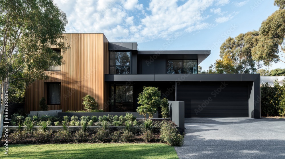 Modern house with a wooden facade, black roof and a garage. Modern house with a wooden facade, black roof and a garage.