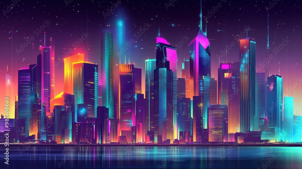 Futuristic neon cityscape with colorful lights and skyscrapers reflecting in the water. Futuristic neon cityscape with colorful lights and skyscrapers reflecting in the water.
