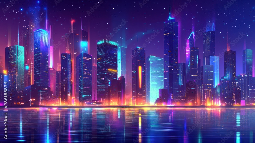 Futuristic cityscape with neon lights reflected in the water at night. Futuristic cityscape with neon lights reflected in the water at night.