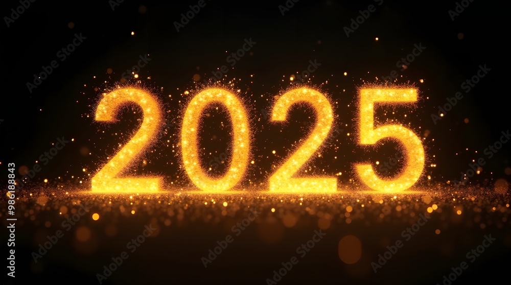 Happy new year 2025 golden numbers on dark background. A swirling vortex of golden light shine particles gradually forming the Happy new year 2025 golden numbers on dark background. A swirling vortex of golden light shine particles gradually forming the