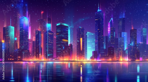 Futuristic cityscape with neon lights reflected in the water at night.