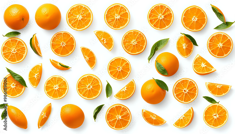 Oranges in various angles and views—side, top, sliced, and halved—cut out on a white background, PNG file. Oranges in various angles and views—side, top, sliced, and halved—cut out on a white background, PNG file.