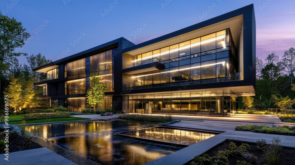 Modern office building with a reflecting pool in the foreground at dusk. Modern office building with a reflecting pool in the foreground at dusk.