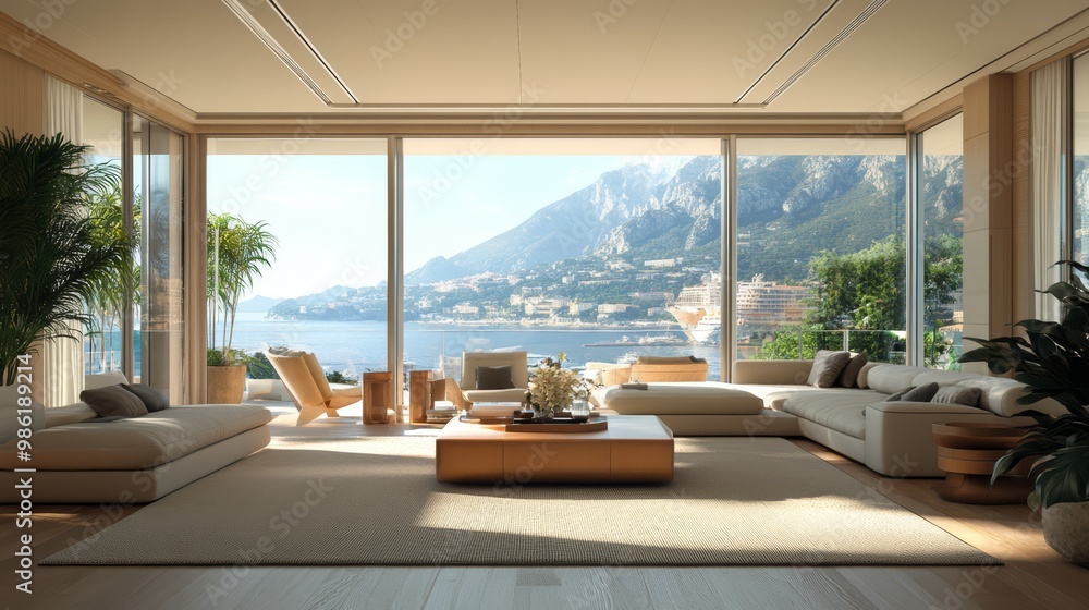 Obraz premium A luxurious beige modern penthouse in Monaco bathed in daylight shows panoramic views of the mountains and coastline, creating an elegant and serene living environment