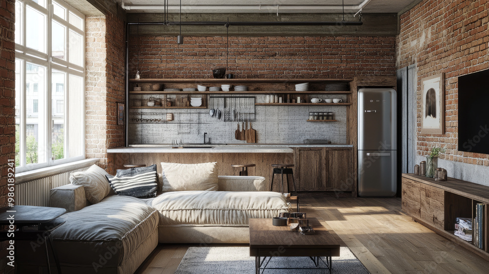 Open-plan kitchen and living room with a rustic yet modern style. Exposed brick, wooden shelves, and neutral furniture create a welcoming, earthy vibe. Open-plan kitchen and living room with a rustic yet modern style. Exposed brick, wooden shelves, and neutral furniture create a welcoming, earthy vibe.