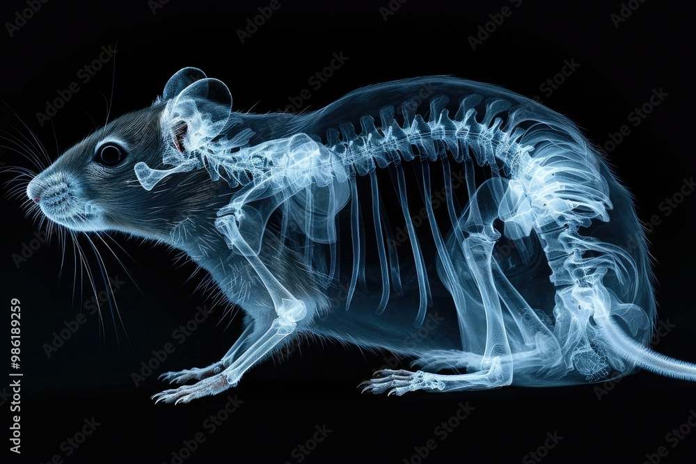Detailed X-ray image of rat head. Full-length image of rodent bones on ...