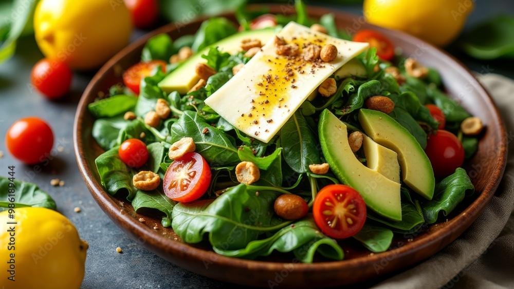 Generative AI, a salad with avocado, tomatoes, and almonds in a bowl on a cutting board with lemons, professional food photography, a stock photo, rayonism
Generative AI, a salad with avocado, tomatoes, and almonds in a bowl on a cutting board with lemons, professional food photography, a stock photo, rayonism