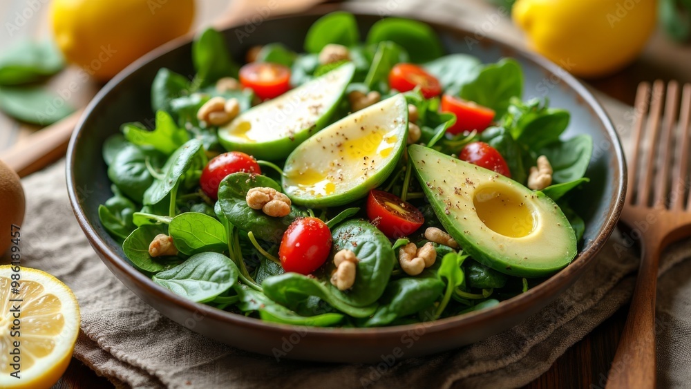 Generative AI, a salad with avocado, tomatoes, and almonds in a bowl on a cutting board with lemons, professional food photography, a stock photo, rayonism
Generative AI, a salad with avocado, tomatoes, and almonds in a bowl on a cutting board with lemons, professional food photography, a stock photo, rayonism