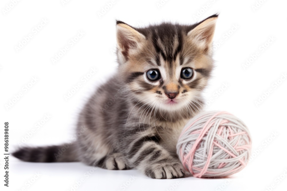 Obraz premium An adorable tabby kitten with wide, curious eyes and a fluffy tail, playfully batting at a ball of yarn