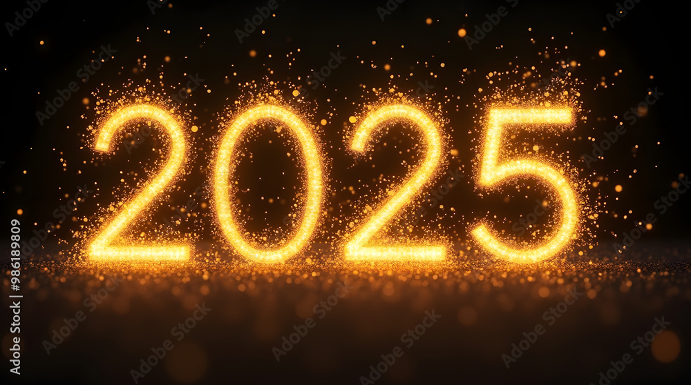 Happy new year 2025 golden numbers on dark background. A swirling vortex of golden light shine particles gradually forming the Happy new year 2025 golden numbers on dark background. A swirling vortex of golden light shine particles gradually forming the