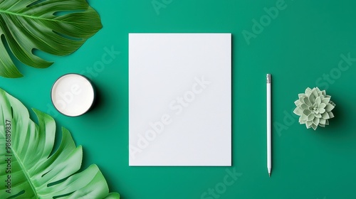 Elegant Stationery Mockup for Luxury Brand, featuring decorative elements on a forest green background, showcasing clean geometric designs in a vibrant pop art style. photo