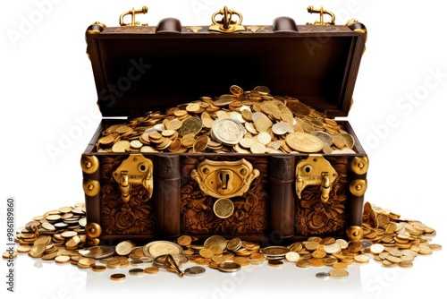 An antique treasure chest, its iron hinges creaking open to reveal a dazzling hoard of gold coins from different eras, each coin meticulously detailed.