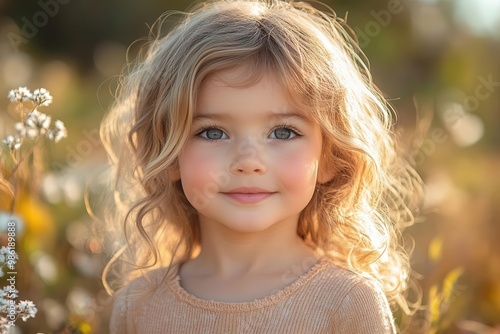 whimsical child portrait natural outdoor setting soft bokeh background genuine smile playful expression vibrant colors