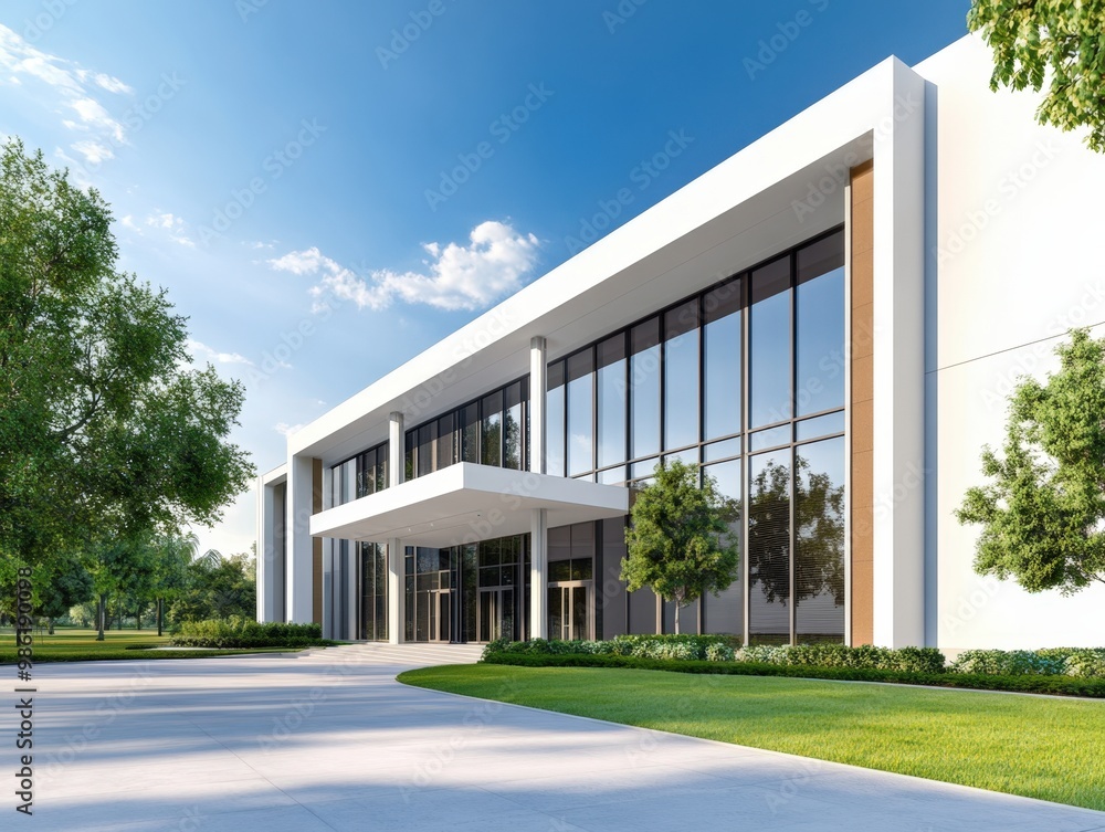 Modern architectural design of a sleek building on a sunny day amidst lush greenery Modern architectural design of a sleek building on a sunny day amidst lush greenery