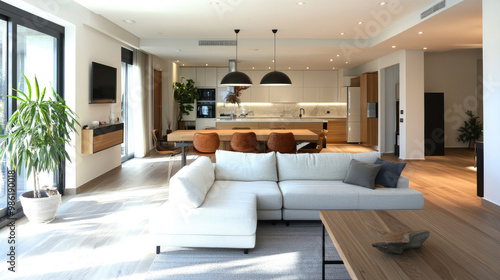 Spacious open-plan living and dining area featuring contemporary furniture, with a kitchen in the background. Natural lighting enhances the room clean and cozy look.