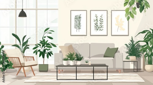 Minimalist living room with a beige sofa, a rug, a coffee table, and several potted plants.