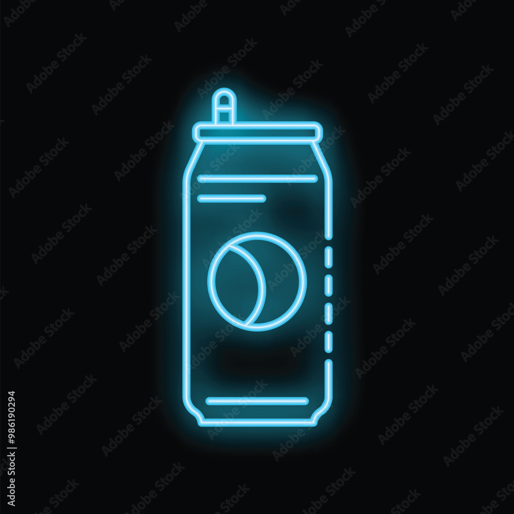 Blue neon sign depicting an aluminum can with a straw on a black background Blue neon sign depicting an aluminum can with a straw on a black background