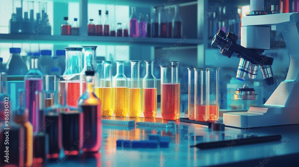Colorful liquids in test tubes and a microscope on a laboratory table. Colorful liquids in test tubes and a microscope on a laboratory table.