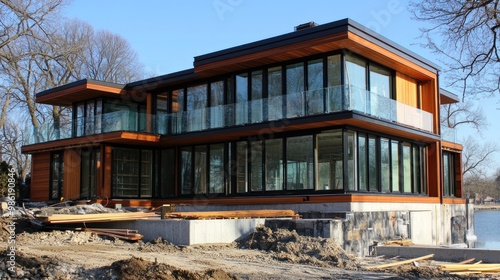 Modern house under construction with large windows and wooden siding on a waterfront lot.