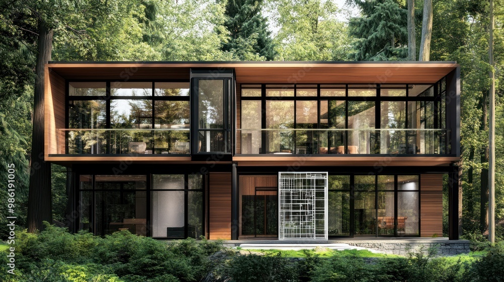 Modern wooden house with large windows surrounded by lush green trees. Modern wooden house with large windows surrounded by lush green trees.