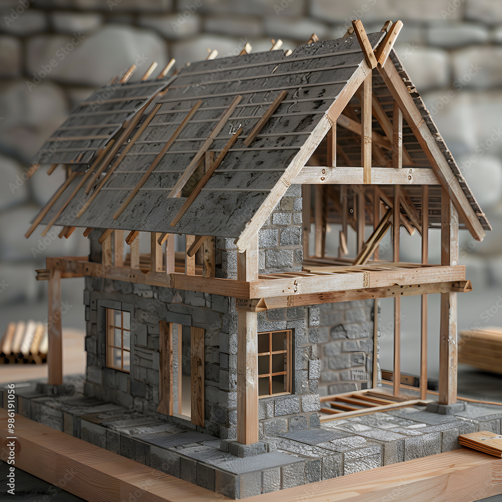 Obraz premium Detailed miniature house model construction showcasing a blend of stone and wooden elements in a creative workspace setting