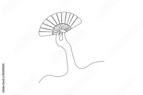 Hand holding hand fan continuous line art drawing. Vector illustration.