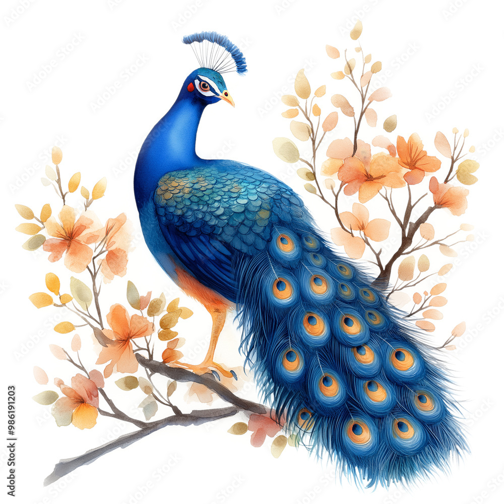 Obraz premium Watercolor peacock illustration on transparent background. png 