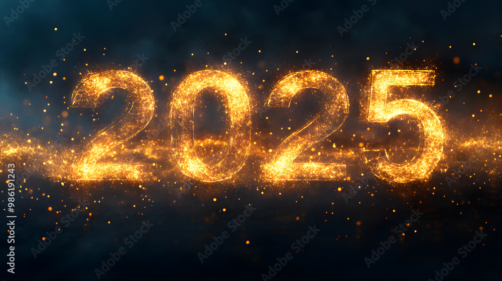 Happy new year 2025 golden numbers on dark background. A swirling vortex of golden light shine particles gradually forming the Happy new year 2025 golden numbers on dark background. A swirling vortex of golden light shine particles gradually forming the