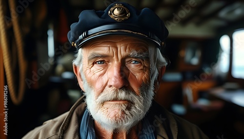 Portrait of an experienced old captain exuding strength and stubbornness, showcasing the wisdom etched in his weathered face