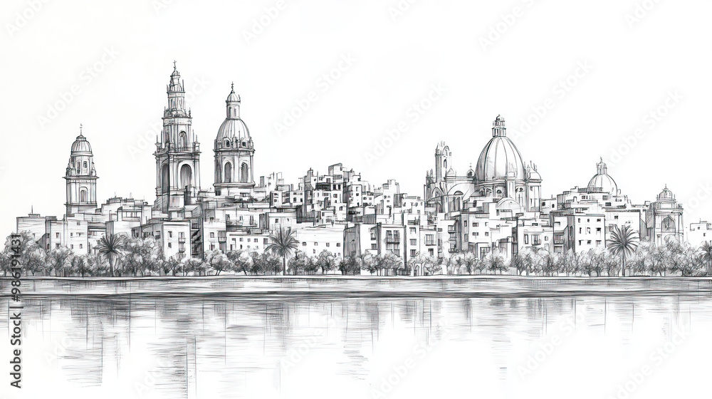 Fototapeta premium Crdoba, Spain, black and white pen pencil hand-drawn effect drawing illustration for travel poster, card, wallpaper, backdrop or banner. Modern, clear, artistic and simple