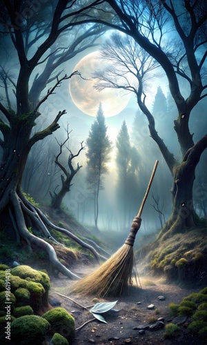 Chilling Halloween Witches Broom in a enchanted forest Graphic Resource for Spooky halloween background posters and halloween parties