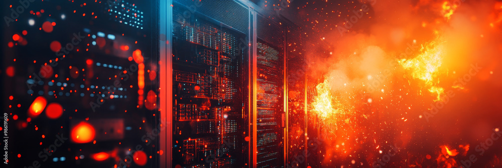 Flames consuming data center create dramatic scene with sparks flying ...