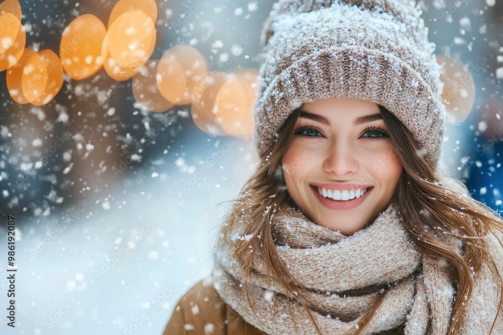 Holidays, christmas, winter and people concept - smiling young woman in warm clothes over snowy city street background with generative ai