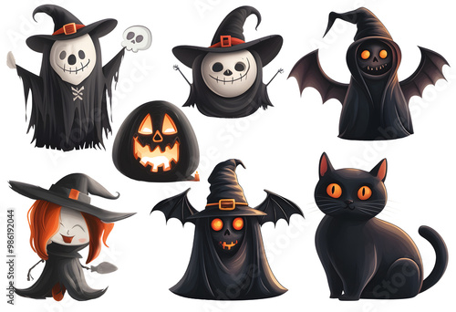 Halloween icon set featuring a black cat, pumpkin, bat, ghost, witch hat, and more, perfect for capturing the spooky spirit of the holiday