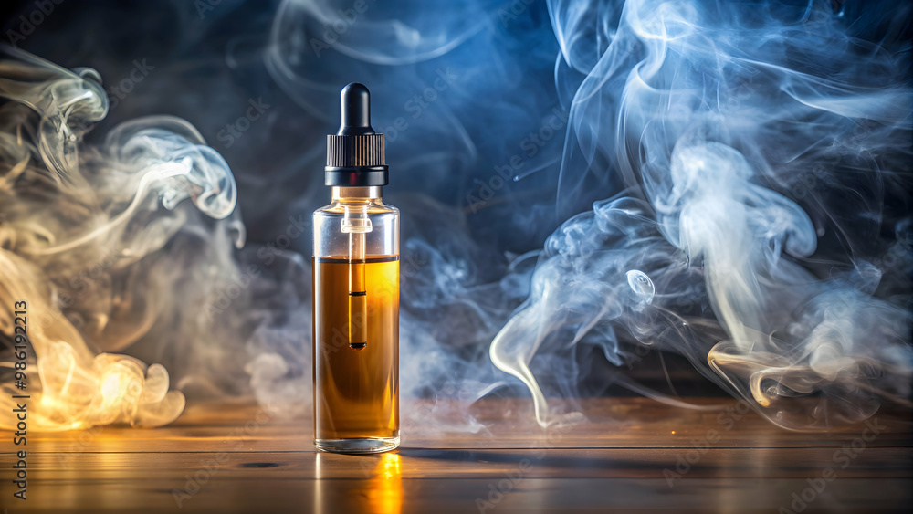 Fototapeta premium E-cigarette liquid bottle in front of thick vape smoke with empty space, vape, e-cigarette, liquid, bottle, smoke