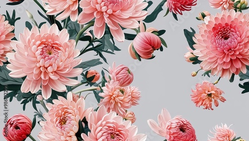 Blush chrysanthemums soft blooms seamless plain white background design